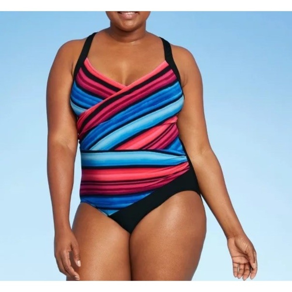 Aqua Green 1 Piece Swimsuit Size Small 4/6 Women's Colorful Stripes New